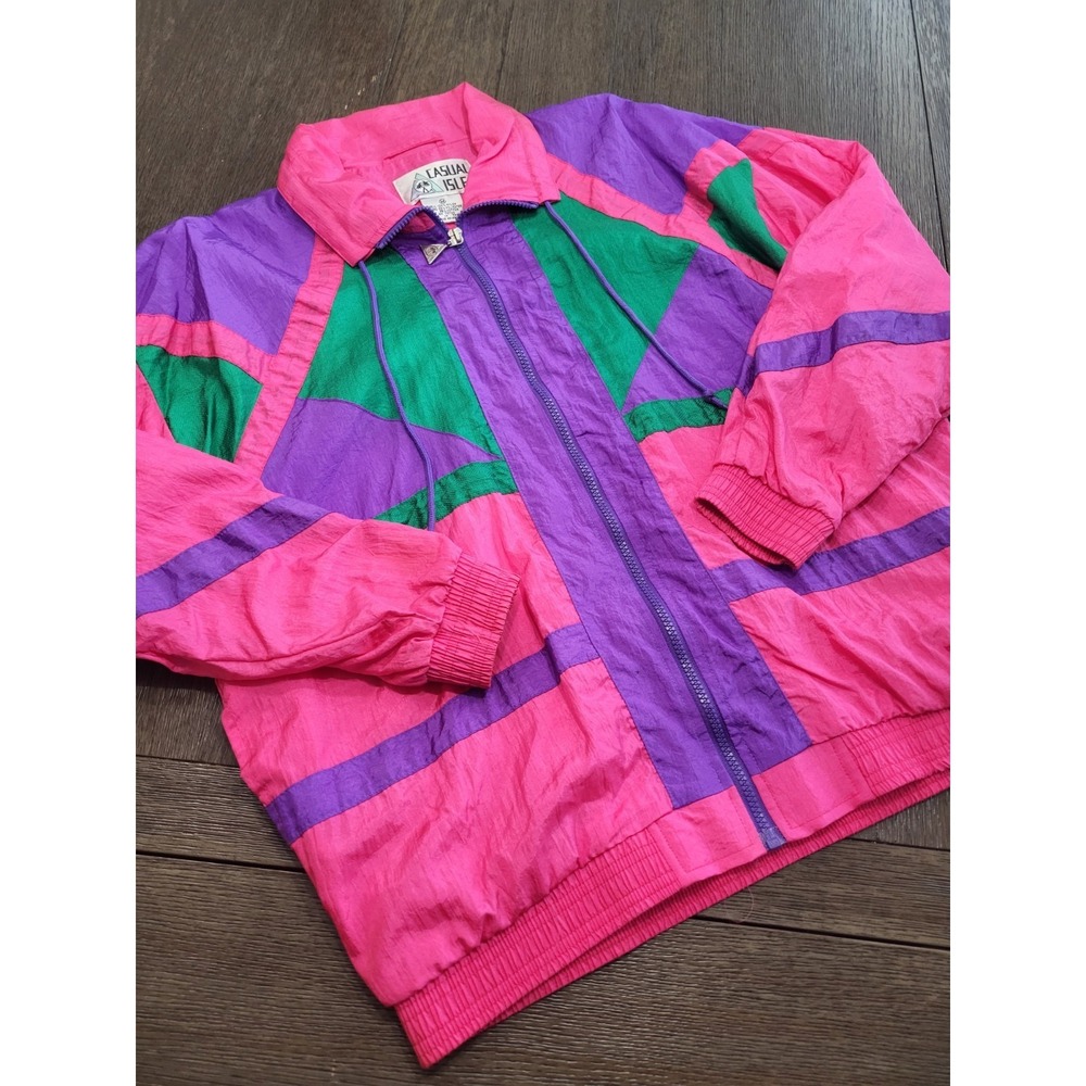 Rare Vintage CASUAL ISLE Color Block Striped Track Jacket 80s 90s Pink Women's M